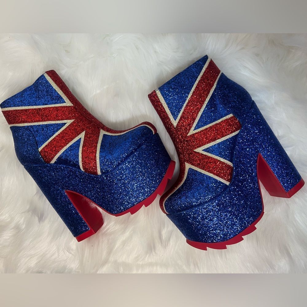 YRU Blue & Red Glitter Platform Boots with Union Jack Accent